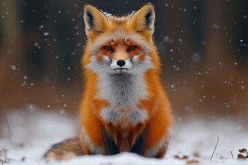 Fototapeta premium Winter Snowfall with Fox in Snow-Covered Forest