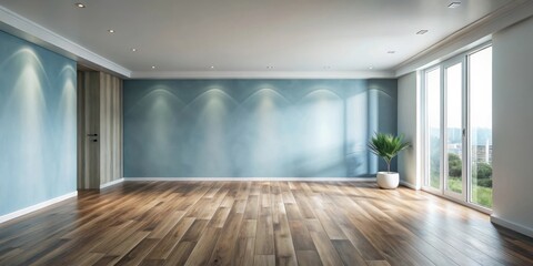 Fototapeta premium Spacious room interior design showcasing hardwood flooring and a serene blue wall, ideal for modern home staging