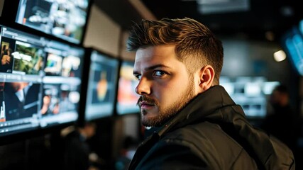 Security guard monitors multiple surveillance screens in busy control room setting during late hours