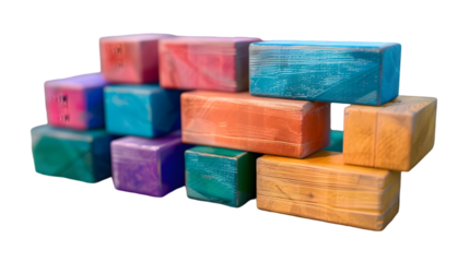 A stack of colorful rectangular wooden blocks wrapped in plastic film on a transparent background