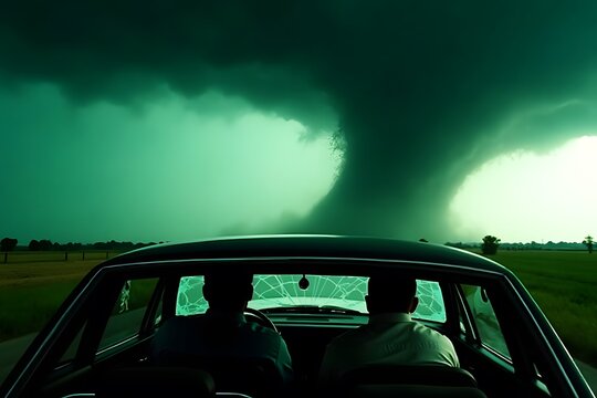 Two storm chasers in a car with shattered windows facing an oncoming EF5 tornado under a turbulent, green-hued sky.
