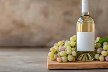 Obraz premium White wine bottle with grapes on a wooden board