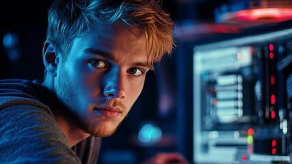 IT technician troubleshooting computer issues in a dimly lit workspace with advanced technology