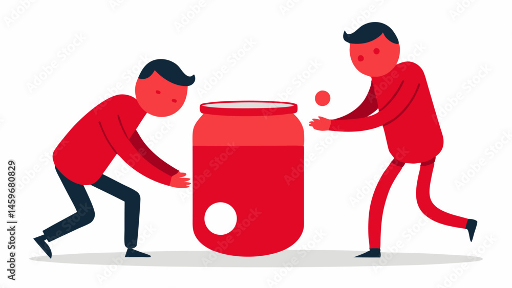 Poster team effort two characters one standing and one kneeling are both trying to open the jar collectivel