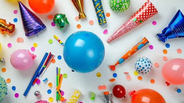 Colorful balloons and party hats scattered on a festive surface for a joyful celebration with confetti
