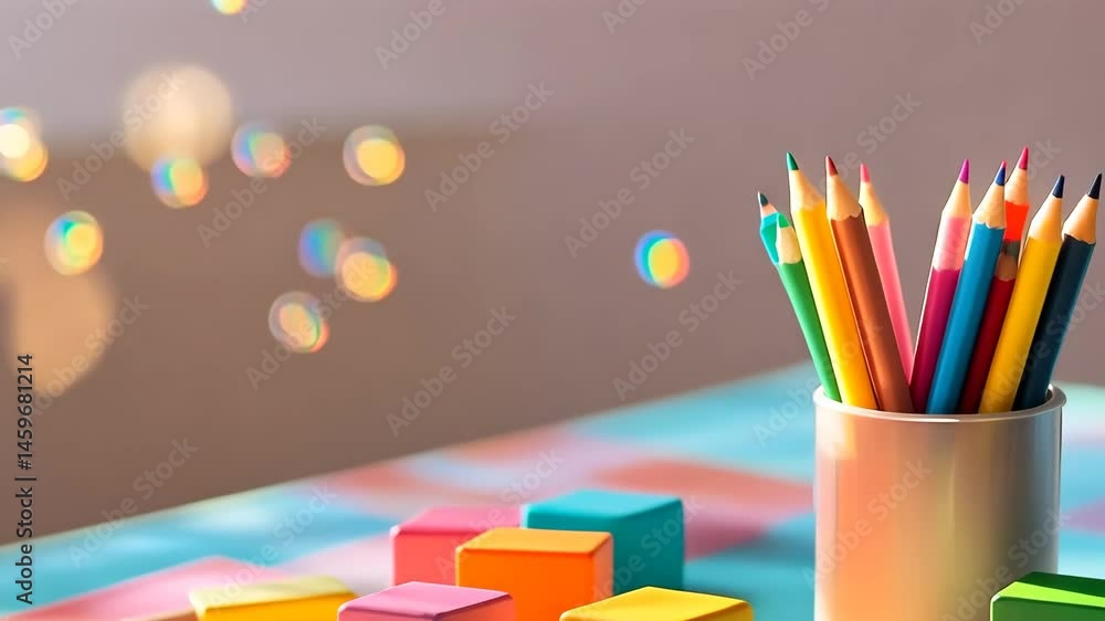 Poster creative playtime with color blocks and crayons on a vibrant play surface