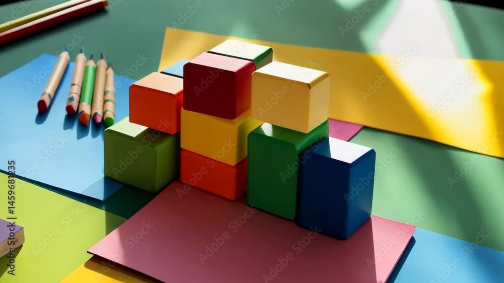 Poster creative play with colorful building blocks and crayons on a vibrant table setting