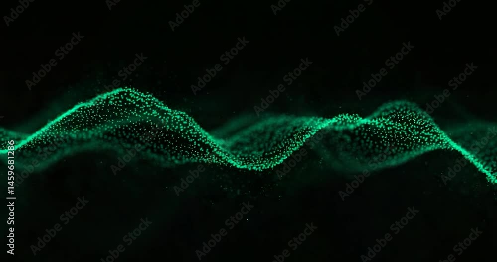 Poster an abstract digital wave of green particles flows smoothly against a dark backdrop.