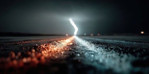 Electric Blue Lightning Bolt Illuminates Dark Sky with Converging Light Streaks