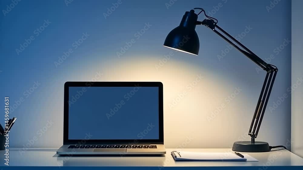 Poster exploring a cozy workspace setup with a laptop and a desk lamp in a dimly lit room during evening ho