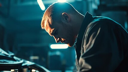 Professional mechanic works diligently in a clean auto repair shop showcasing skills and attention to detail on vehicle maintenance tasks