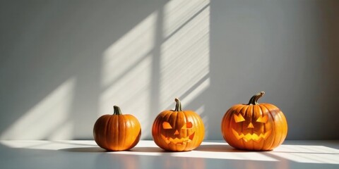 Autumnal Still Life Featuring Illuminated Jack-o'-lanterns of Varying Sizes on a Tabletop