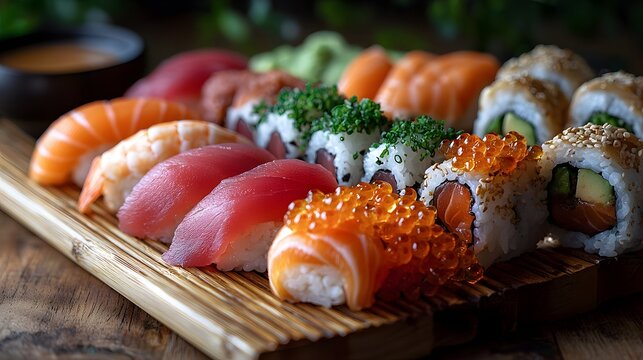 Assorted sushi platter with nigiri, maki rolls, and seafood on bamboo serving board