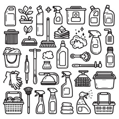 Editable set of vector clip art elements of cleaning supplies and equipment