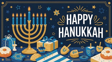 Festive Hanukkah Celebration with Menorah Candles Dreidels Gelt and Wrapped Gifts Traditional Jewish Holiday Background with Blue and Gold Decor Happy Hanukkah Greeting Card with Starry Confetti