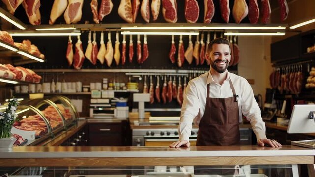 Professional butcher proudly serving customers in a meat store