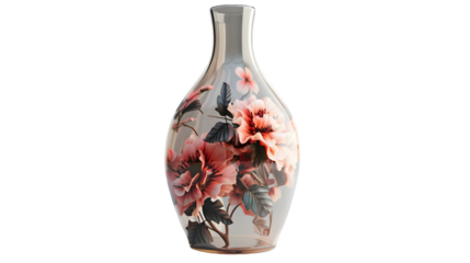 A decorative vase with a floral design featuring pink flowers and dark green leaves