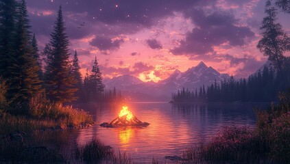 Fototapeta premium Campfire Sunset Mountain Lake.