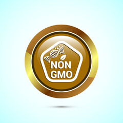 Non gmo icon design illustration, GMO free food label,  Organic healthy food sign, Gold color round button design
