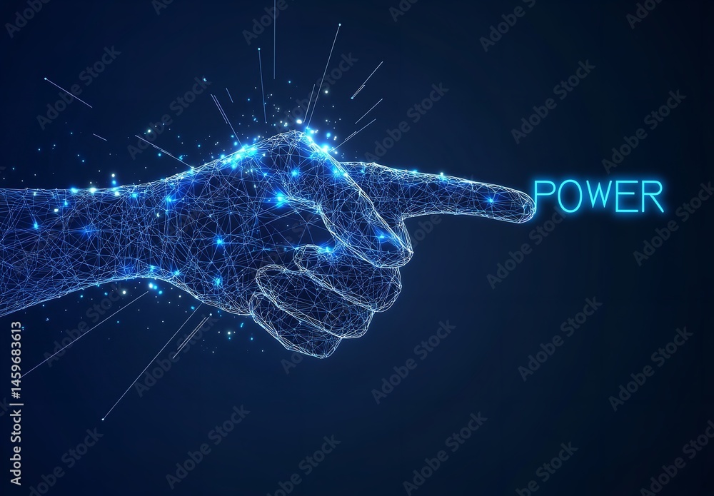 Poster digital hand points to power abstract network technology energy concept