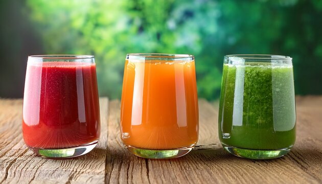 refreshing juices in three clear glasses showcasing vibrant colors and healthy ingredients