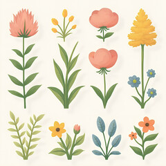 Six illustrated floral designs; pink, orange,  flowers with green leaves on white background.