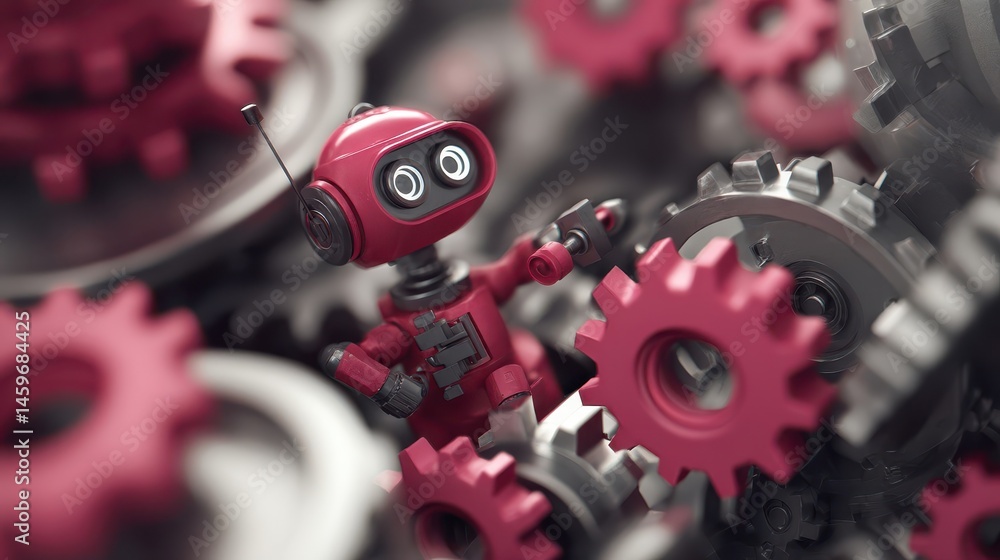 Poster tiny red robot amidst a complex gear system.