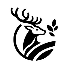 Minimalist Stag Logo with Leaves - Vector Design, Black and White