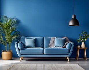 minimal living room with blue wall texture background