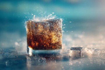 A chilled glass of cola with ice cubes, showcasing a refreshing splash and vibrant details.