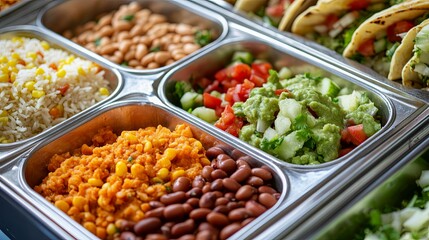 Mexican Student Lunch with Tacos, Beans, and Rice