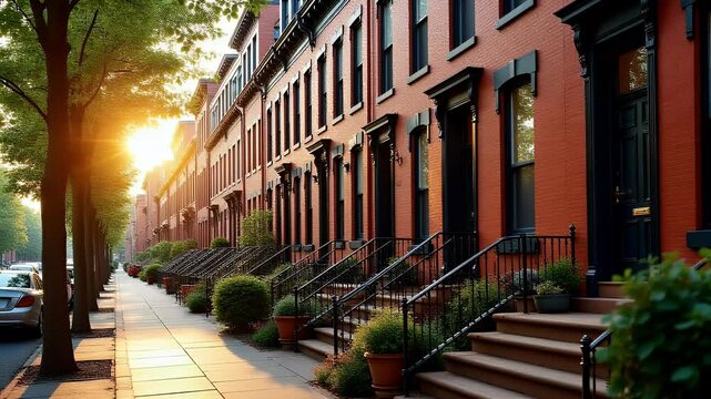 Traditional Style Brick Houses in a City Neighborhood Row