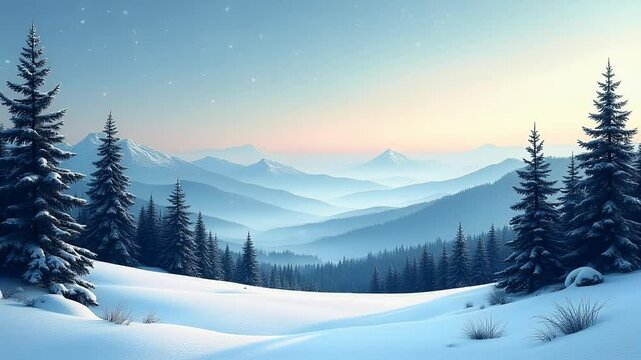 Flat Winter Landscape Poster with Silhouetted Trees, Hills, and Falling Snow