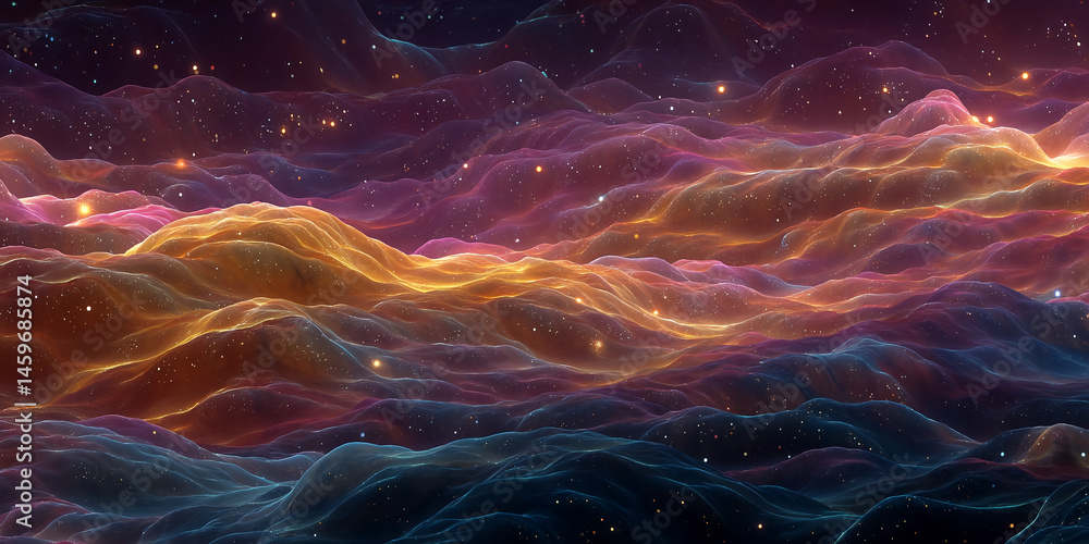 Poster Abstract image of glowing, undulating hills and valleys resembling a nebula, interspersed with sparkling particles, evoking a sense of cosmic wonder and ethereal beauty