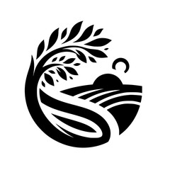 Black and White Farm Logo, Geometric Tree, Crescent Sun, Nature Illustration