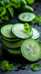 Fresh cucumber slices with mint leaves