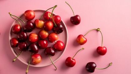 flat lay of fresh cherries colorful fruit on a pink background