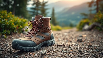 Naklejka premium A sturdy brown leather hiking boot rests on a dirt trail in a scenic mountain landscape at sunset.