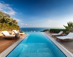Fototapeta premium a luxurious villa with a pool sunbeds and stunning ocean views enjoy a relaxing spa and a peaceful vacation