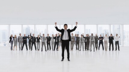 Obraz premium Successful leader surrounded by celebrating colleagues in a modern office space.