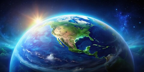 Obraz premium A Radiant Sunrise Illuminates the Western Hemisphere, Showing a Detailed View of Continents and Oceans from Space, Highlighting the Earth's Beauty