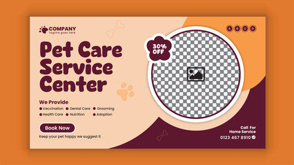 Pet Care Service Center horizontal Social media post banner design template or pet business marketing  web banner design