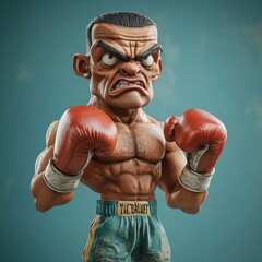 A 3D caricature of a boxer with oversized gloves and a tiny punching bag. 