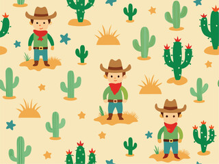 Cute Rodeo Cowboys & Desert Cactus Seamless Vector Pattern – Wild West Western Fabric Design


