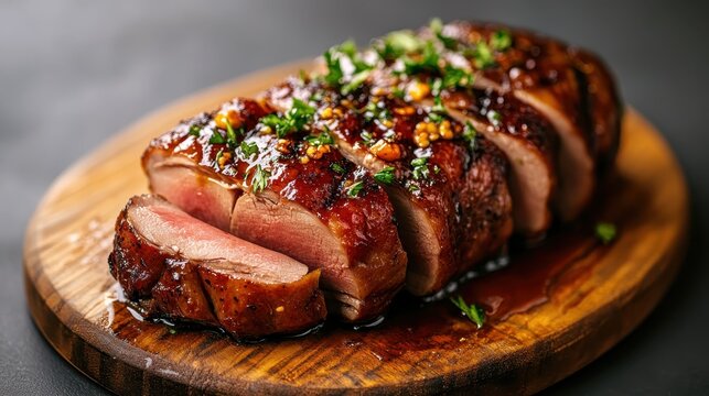 An artfully plated roast meat, showcasing vibrant glaze and garnished with fresh herbs, capturing the essence of gourmet cooking and elevated dining aesthetics.