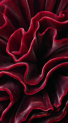 Close-up of dark red velvet texture, showing rich folds and subtle sheen, suggesting luxury, elegance and sophistication