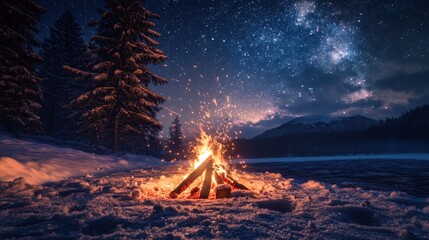 Save to Library Download Preview Preview Crop Find Similar File #: 395774265 3d rendering of bonfire on melting snow with sparks and particles in front of pine trees and starry sky.