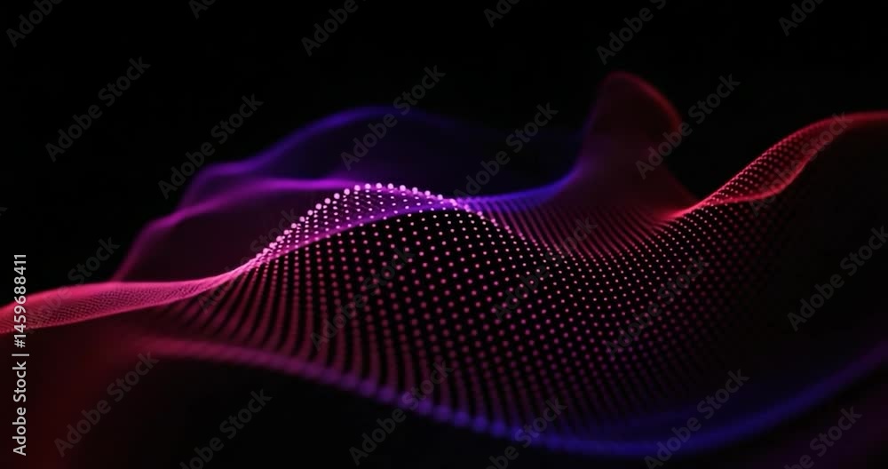 Poster a stunning digital display of connected particles forming a vibrant, abstract wave pattern.