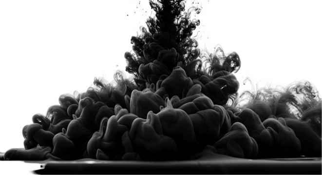 Striking visual of black and white ink mixing in a dramatic, dynamic display. The color transitions and cloud-like forms create a captivating visual effect.