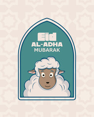 A charming illustration for Eid al-Adha Mubarak, showcasing a cute sheep within a decorative frame against a patterned background.